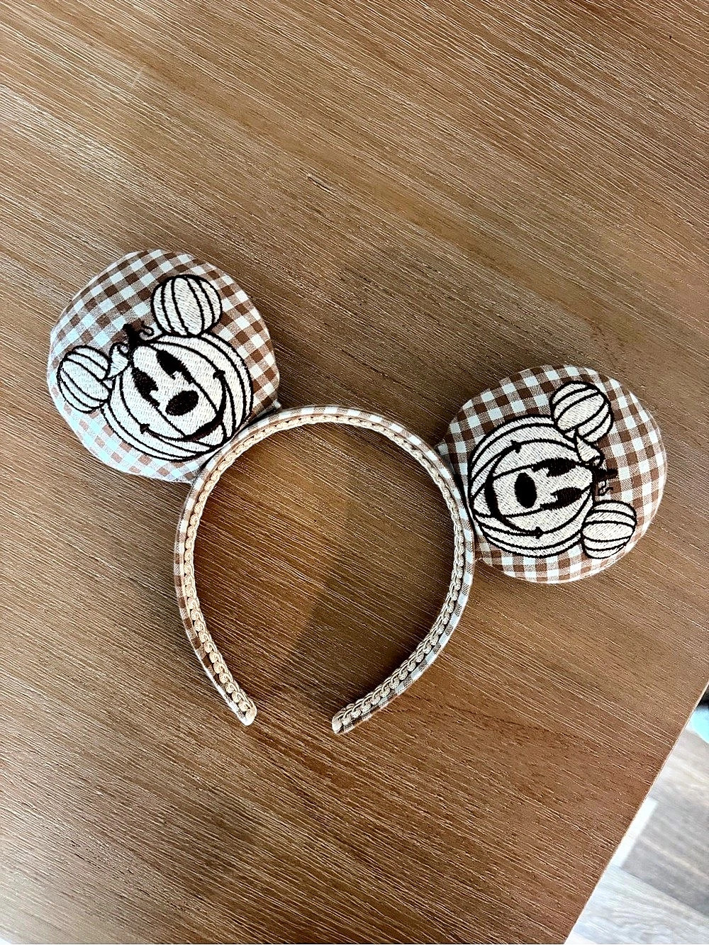 Gingham Mickey Mouse Pumpkin  Ear Headband Brown & White Like New